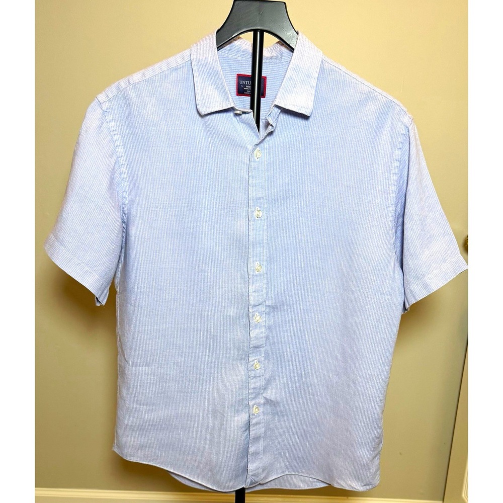 UNTUCKit Men's Woven Linen Striped Wrinkle Resistant Short Sleeve Shirt M